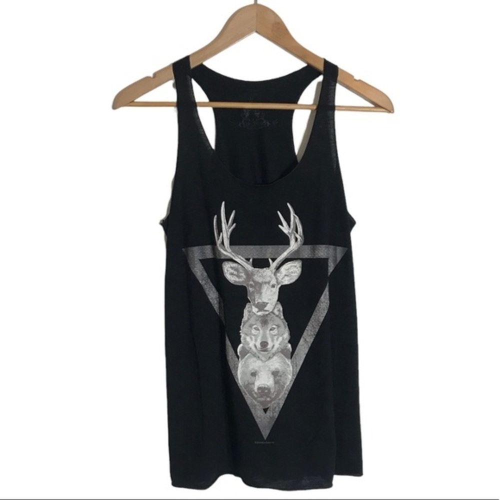 BEAR DANCE screen printed buck bear wolf tank top black SZ M